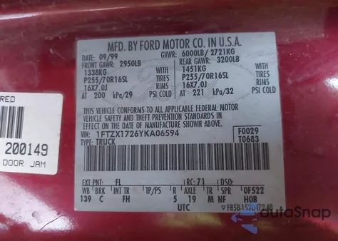 2000 Ford F-150 Work Series/Xl/Xlt from USA, damaged, VIN 1FTZX1726YKA06594